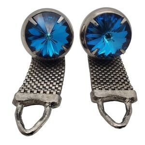 Blue Rivoli Crystal Cufflinks Silver Tone Mesh Wrap Around Suit Accessory Retro